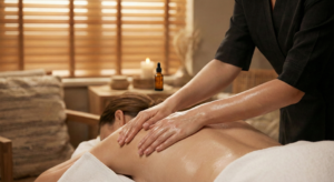 Close-up of a therapist’s hands applying oil to a client’s bare back during a massage. In the soft-focus background, an amber glass bottle with a dropper and a lit candle are visible on a wooden surface, creating a clinical yet calm environment.