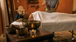 Person lying on a therapy table, covered with a white sheet, receiving a relaxation session with singing bowls and vibrational instruments in a calm, quiet room.