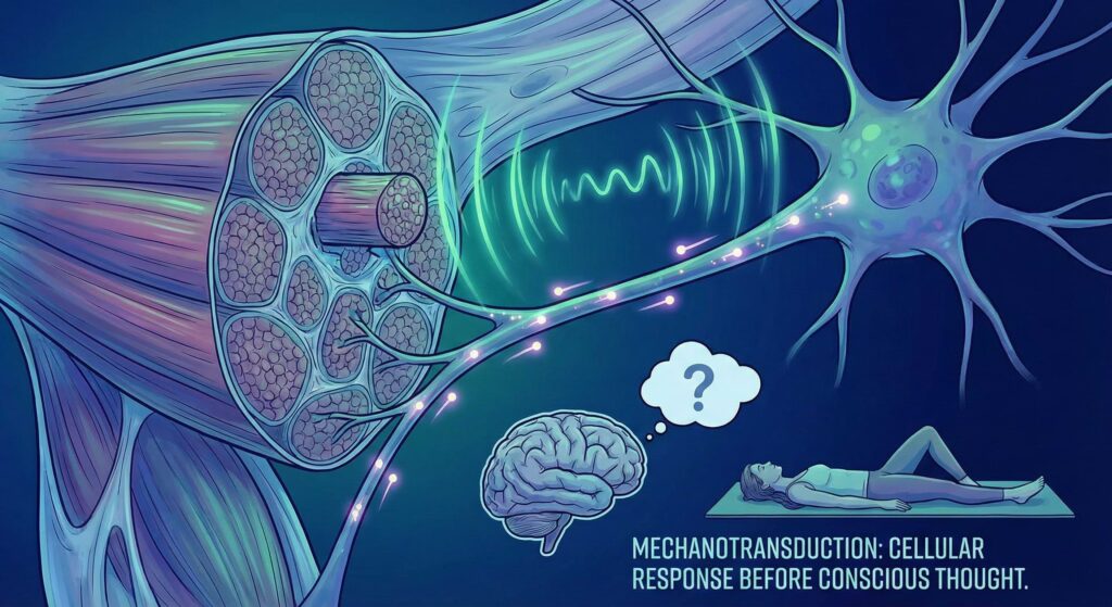 Scientific illustration showing communication between muscle tissue, neurons, and the brain, explaining mechanotransduction as a cellular response to physical stimulus before conscious thought.