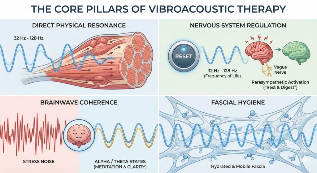 Educational infographic on vibroacoustic therapy highlighting physical resonance, nervous system regulation, brainwave coherence, and fascial health using frequencies between 32 and 128 Hz.
